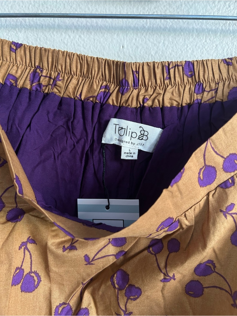 NWT Tulip B Brown Camel Purple Cherries Full Cherry Skirt Elastic Waist Lined L - Picture 6 of 7